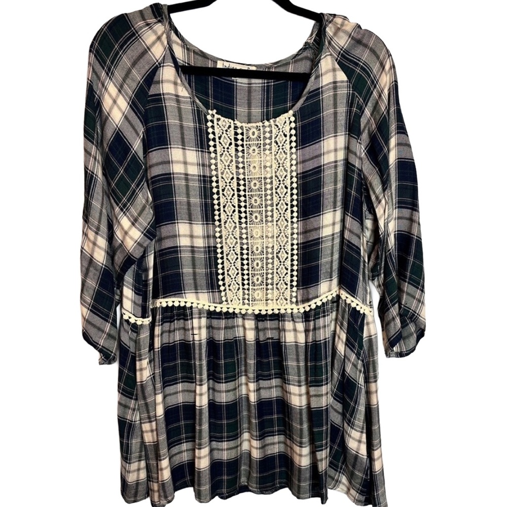 Indigo Soul Navy and Cream‎ Plaid Blouse with Lace